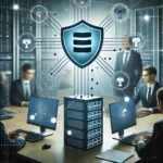 Business cybersecurity with interconnected devices and a server.