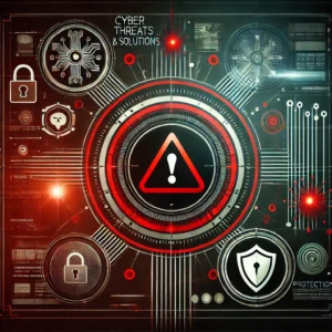 Cyber threats and solutions with warning triangle and shield.