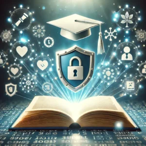 Educational resources with an open book and glowing icons.