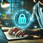 Personal cybersecurity with a laptop and glowing lock icon.