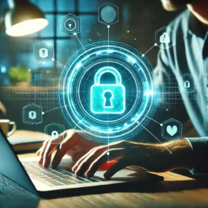 Personal cybersecurity with a laptop and glowing lock icon.