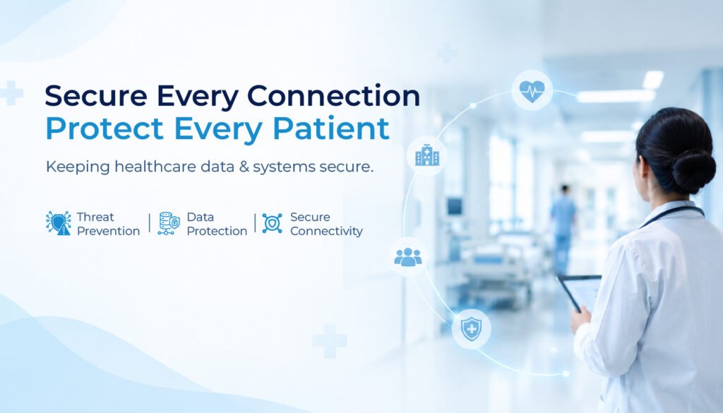 Healthcare hospital firewall protecting patient data and medical systems